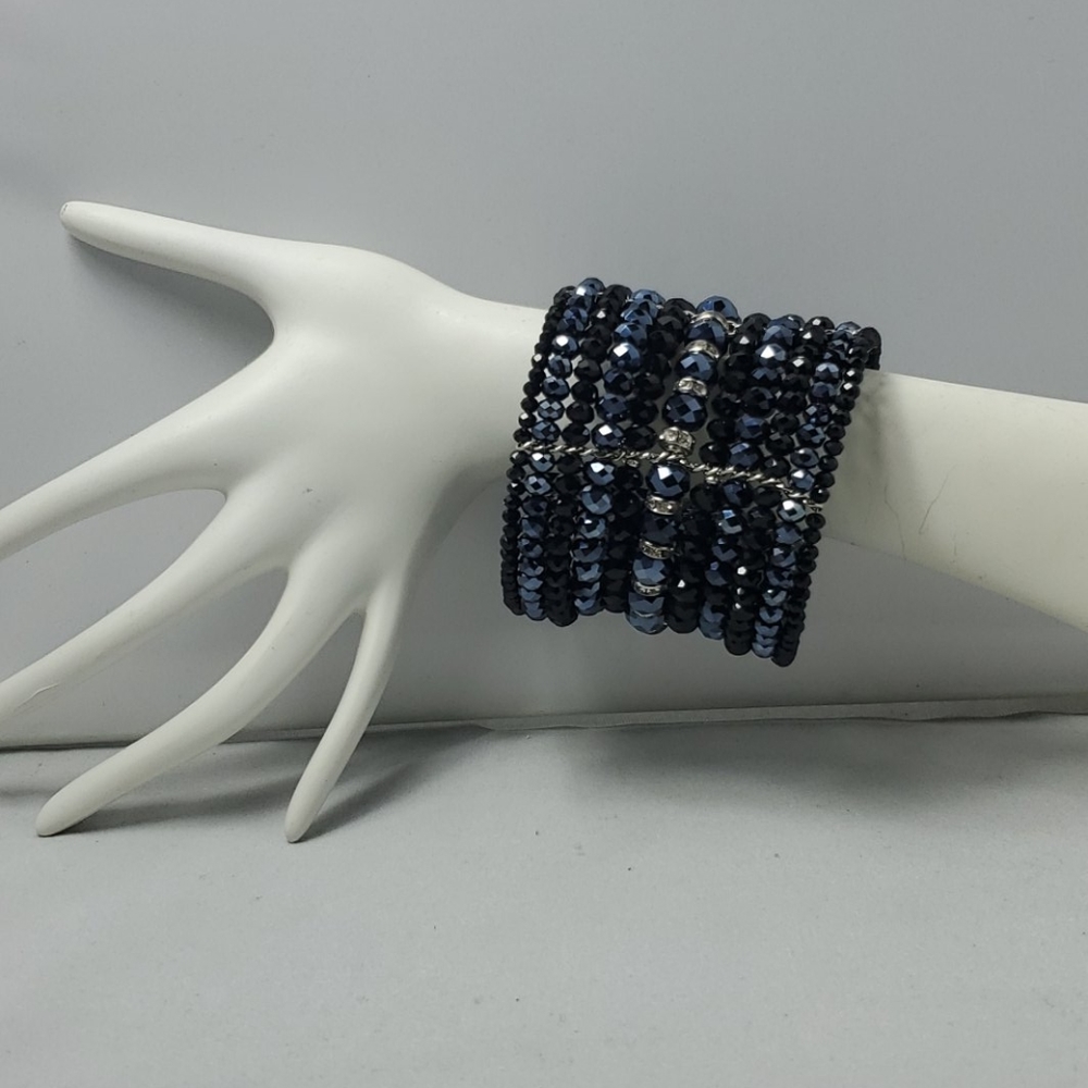 Ali Khan Multi-Row Blue & Black Crystal Beaded Statement Bracelet